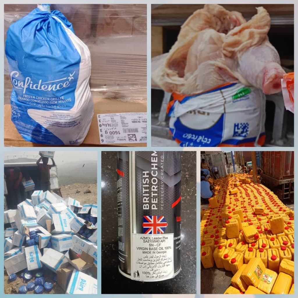 هيئة المواصفات والمقاييس ترفض كميات كبيرة من الدجاج المجمد الفاسد في عدن ومنتجات اخرى مخالفة في الوديعة