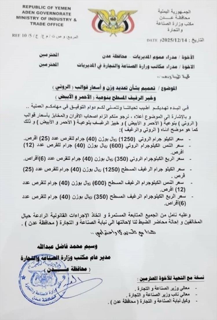 رسميًا .. تحديد سعر الروتي والرغيف بـ50 ريالًا ووزن 40 جرامًا رسميًا .. تحديد سعر الروتي والرغيف بـ50 ريالًا ووزن 40 جرامًا